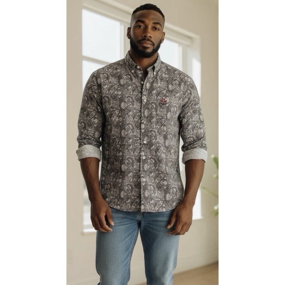 Ivy Crew Paisley Button Up Shirt Mens M 100% Cotton Gray Embroidered Logo
